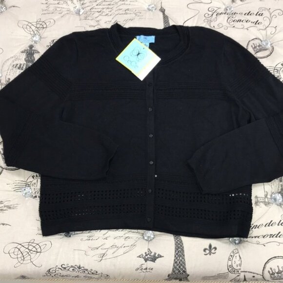 CeCe Cotton Pointelle-Trimmed Cardigan Sweater - Picture 2 of 6